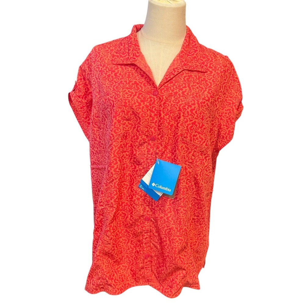 Columbia Womens Orange Scroll Print Short Sleeve Button Up Shirt Modal Blend NEW